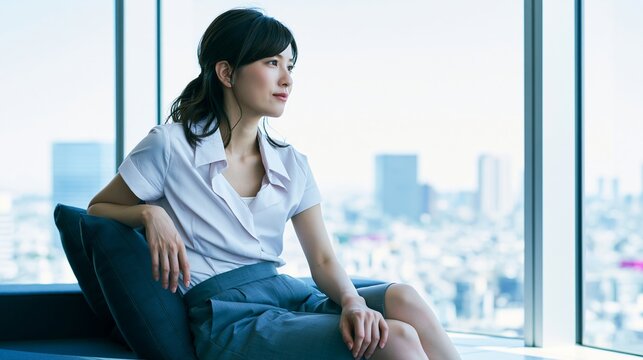 オフィスやホテルの高層階の窓辺のソファで外を眺める女性
