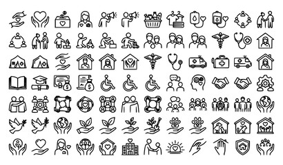 Fototapeta premium Set of hand drawn charity and social welfare icons representing community support donation healthcare and humanitarian aid concepts