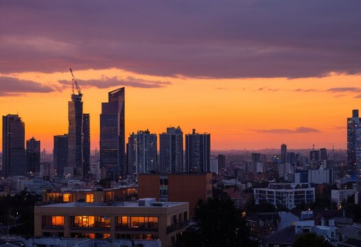 Vibrant Sunset Over Modern City Skyline with Towering Buildings