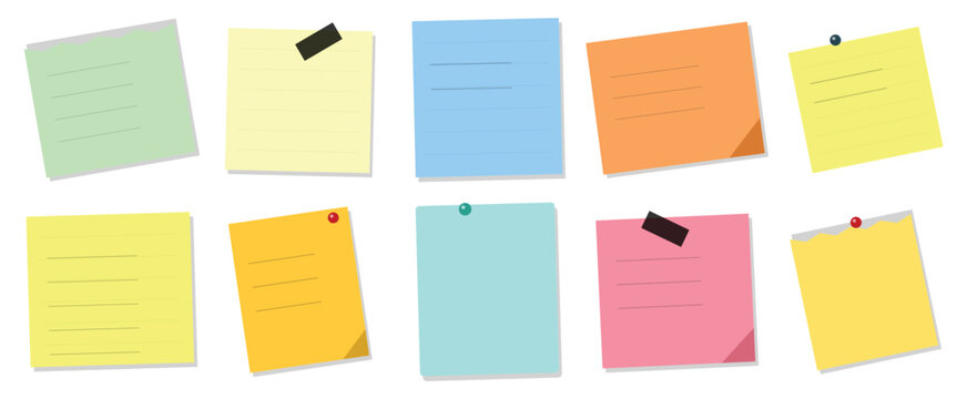 A colorful sticky notes bundle featuring various square paper sheets for reminders and office organization on white background