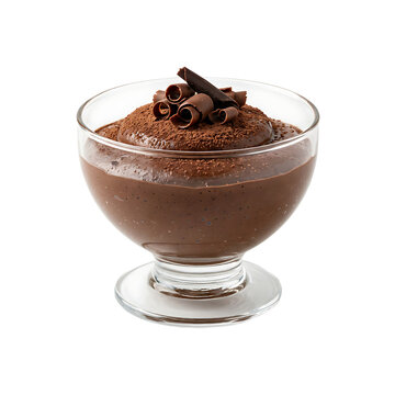 Delicious chocolate mousse in a glass bowl with cocoa powder and chocolate curls isolated on white