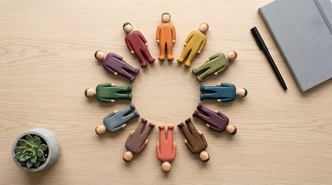 Diverse team collaboration concept with colorful wooden figures gathered in a unified circle on office desk representing corporate unity