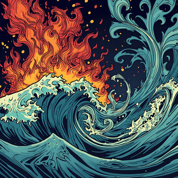 Stylized artistic illustration featuring a powerful ocean wave clashing with vibrant flames in a dark background.