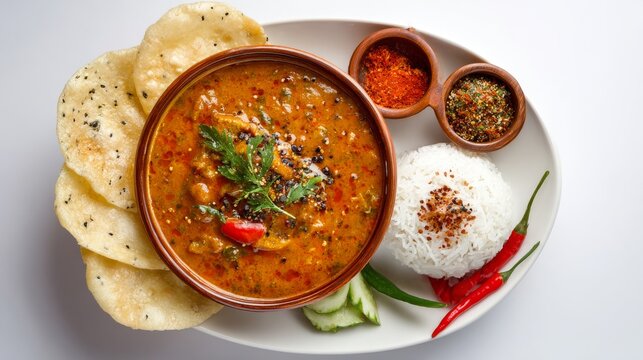 Indian food bowl isolated on white background, authentic traditional south asian cuisine with flavorful curry meal, top view of homemade restaurant style dish, delicious gourmet lunch or dinner, copy 