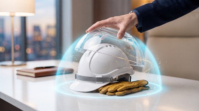 Hand activating holographic shield protecting construction helmet with person activating futuristic helmet work gloves