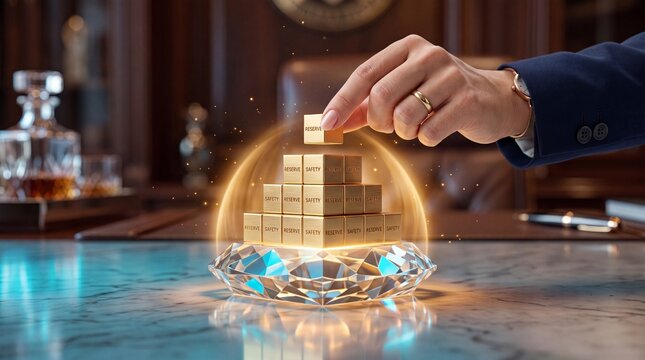 Hand placing gold block on pyramid for financial growth strategy with structure representing business