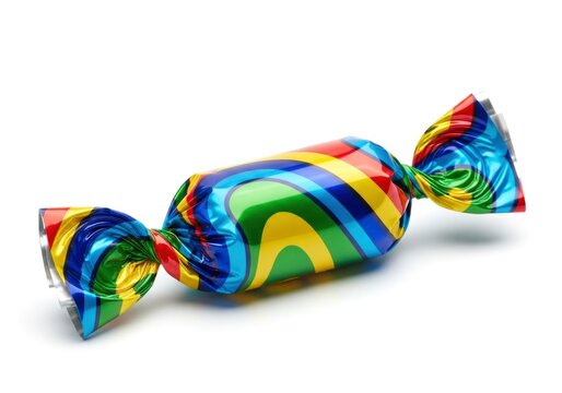 Single colorful wrapped candy on a clean white background.