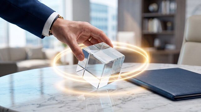 Professional businessman holding glowing crystal cube representing innovation and future digital business strategy