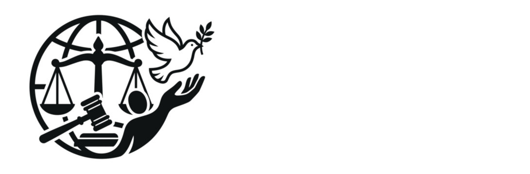 A black and white graphic illustration featuring a globe scales of justice a gavel and a dove.