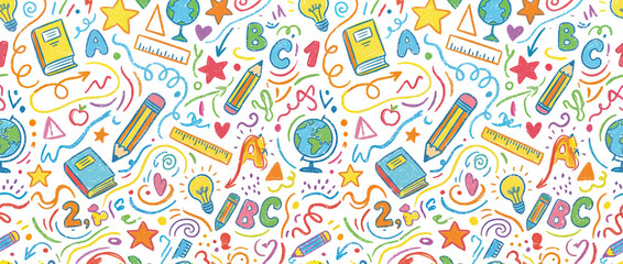 Obraz premium Colorful Hand-Drawn School Supplies Pattern