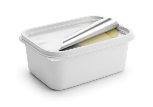 White Plastic Container with Partially Opened Foil Lid on White Background.
