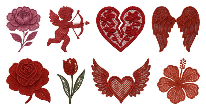 PNG Red embroidered romantic designs on transparent background