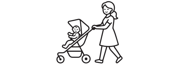 Mother pushing baby in stroller linear icon with stroller, parenting