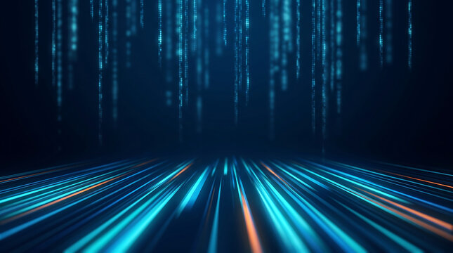 Digital data matrix with blue light rays in dark room