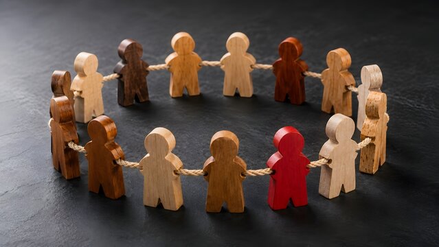 Red wooden figure standing out in diverse circle holding rope