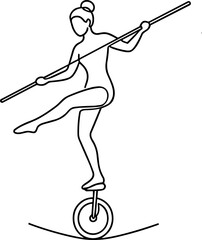 Circus performer balancing on unicycle with pole, line drawing. © zukiah