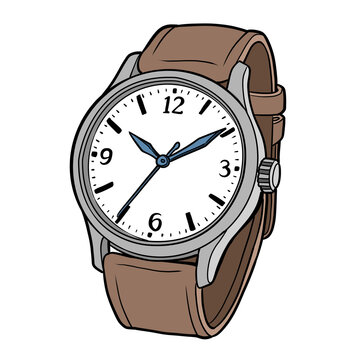 Classic analog wrist watch with brown leather strap cartoon illustration for children education isolated on transparent background
