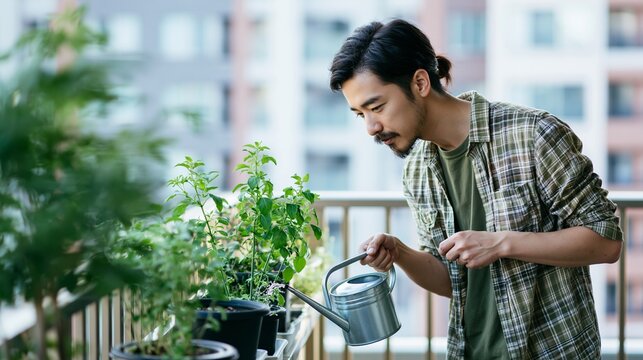 ベランダでジョウロを使い家庭菜園の植物に水やりをする男性