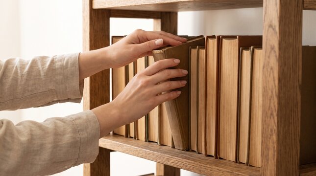 Hands reaching for a book on a wooden bookshelf. The books are neatly arranged, creating a sense of order and knowledge