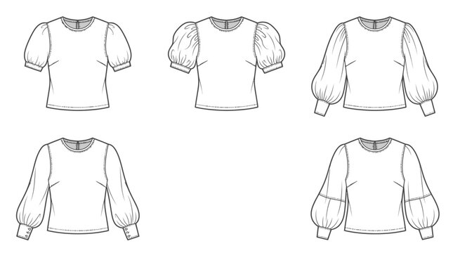 Set of Women Fashion Blouse Technical Flat Sketches with Puff Sleeves