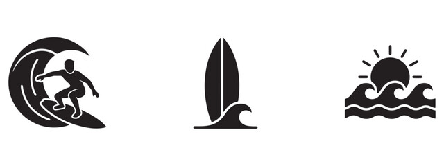 Fototapeta premium Surfing wave surfboard and sunset ocean icon set with surfing board