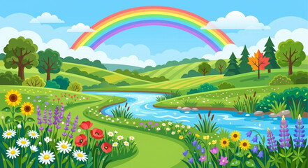 Obraz premium Vibrant summer landscape vector, scenic river flowing through green hills with rainbow, colorful meadow with blooming wildflowers and trees