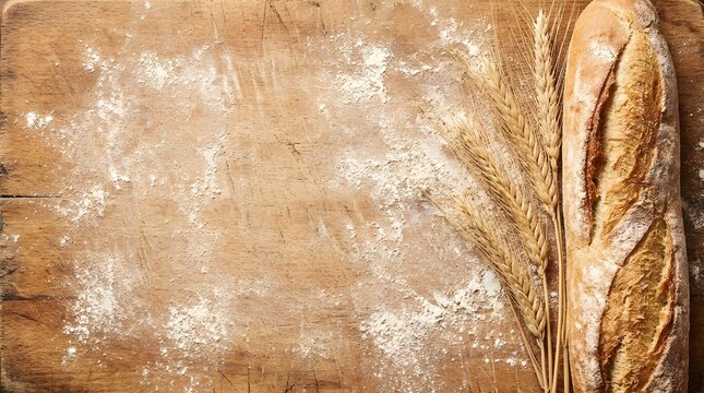 Freshly baked French baguette bread with flour and wheat ears on rustic wooden board
