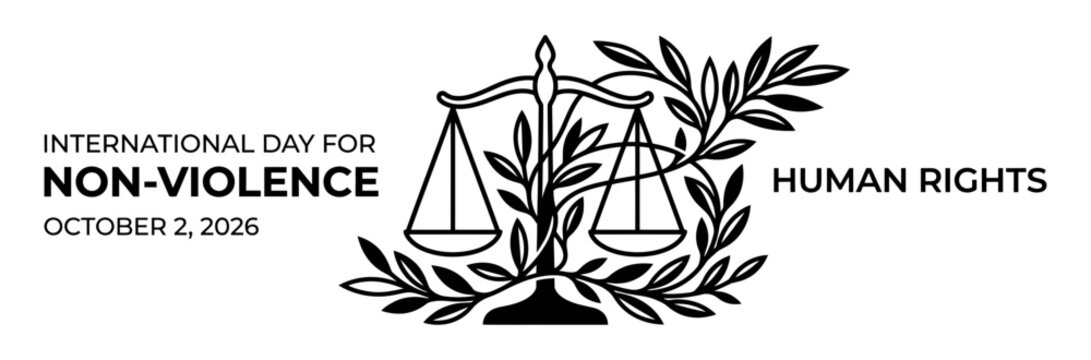 Graphic illustration featuring a balance scale intertwined with olive branches for the International Day for Non-Violence and Human Rights.
