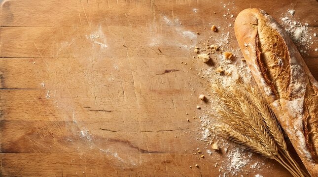 Freshly baked French baguette bread with flour and wheat ears on rustic wooden board