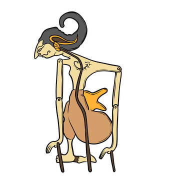 Cartoon illustration of Petruk, Indonesian traditional shadow puppet wayang kulit on transparent background