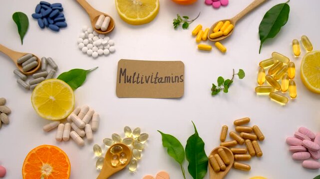 Various tablets and capsules, supplements and vitamins. Selective focus.