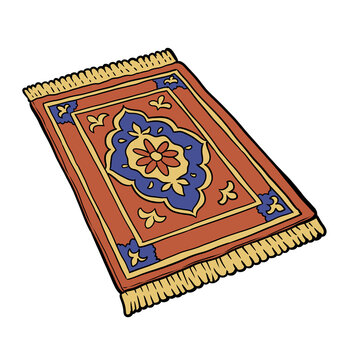 Cartoon illustration of a traditional patterned carpet rug with tassels on transparent background
