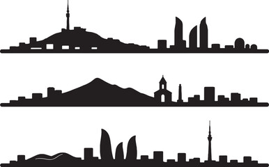 Naklejka premium Caucasus skyline silhouette set minimalist vector Tbilisi Yerevan Baku geometric cityscape collection