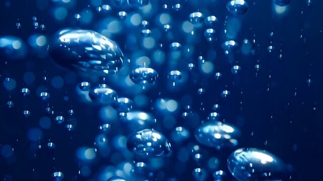 Blue Water Bubbles Rising in Liquid with Light Reflections