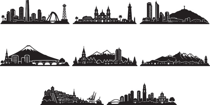 Chile skyline silhouette set minimalist vector Santiago Valparaiso Concepcion Antofagasta La Serena Temuco Iquique Puerto Montt Punta Arenas