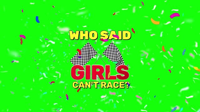 Checkered racing flags cross behind bold red and yellow text that challenges gender stereotypes in motor sports.