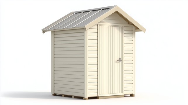 Beige garden shed with a door isolated on white, outdoor storage
