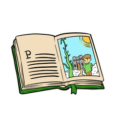 Cartoon illustration of an open fairy tale storybook with Jack and the beanstalk picture on transparent background © pranowo