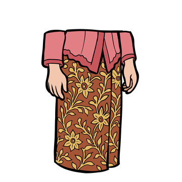 Cartoon illustration of Indonesian traditional kebaya dress with batik jarit cloth fabric on transparent background