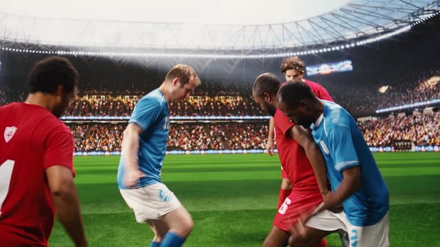 Soccer players showing strong ball control dribbling with speed across pitch, using football footwork to move past opponent in one on one duel, motion blur and attacking movement.