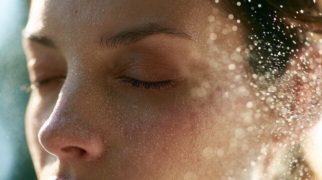 Refreshing facial mist spraying onto glowing skin, microscopic droplets
