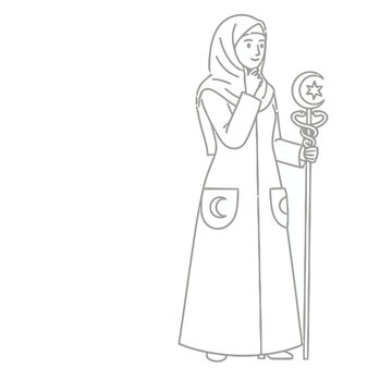 Woman in hijab holding a staff with crescent moon and star