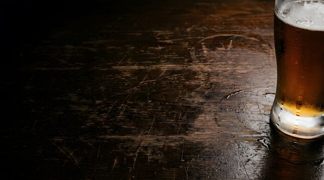 Glass of Cold Refreshing Golden Beer Placed on a Weathered Dark Wooden Bar Table Surface