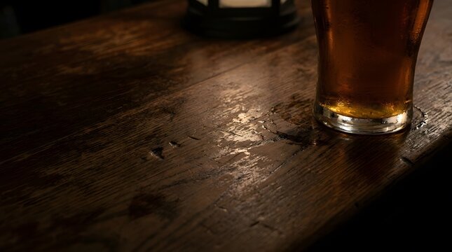 Glass of Cold Refreshing Golden Beer Placed on a Weathered Dark Wooden Bar Table Surface