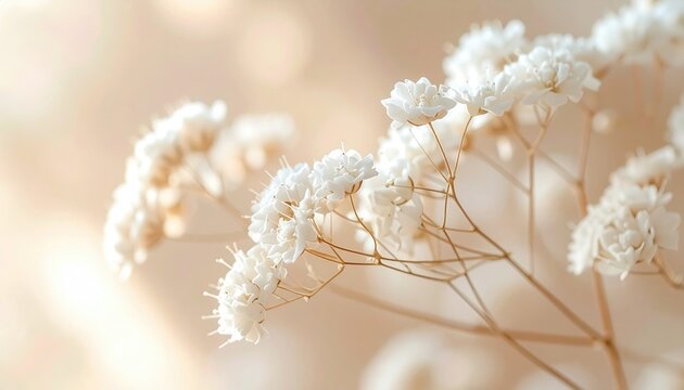 Close-up view of delicate, airy white blooms on thin stems, bathed in soft, warm light with a blurred background