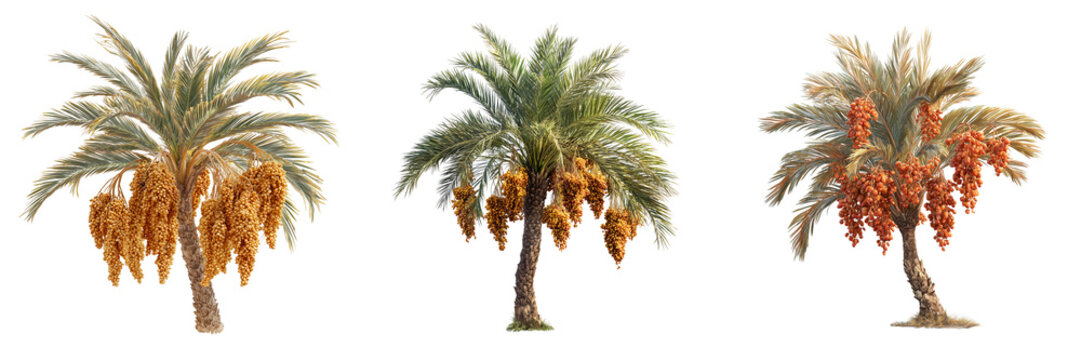 Set of Fresh ripe date palm fruits hanging from a healthy date palm on transparent png background. Ai generated