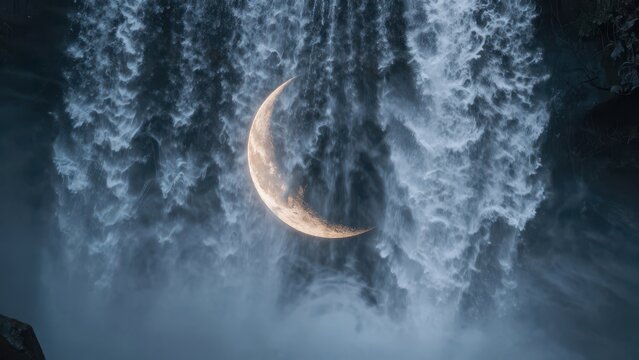 Ethereal crescent moon glowing brightly behind a massive rushing waterfall at night with mystical mist and dark blue moonlight creating a magical fantasy atmosphere in nature
