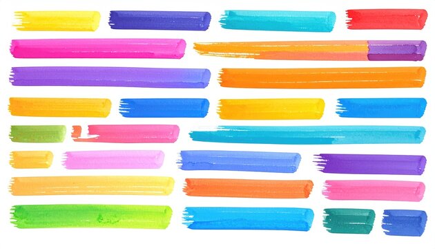 Colorful, abstract brushstrokes in a variety of hues, painted horizontally across a white background. Each stroke is unique