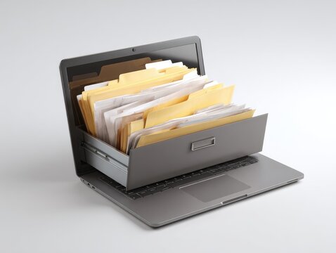 Conceptual image of a laptop with a file cabinet drawer emerging from its screen, filled with folders