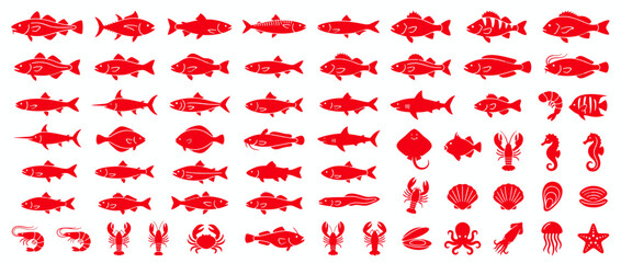 Collection of Red Marine Life Silhouettes on White © anis